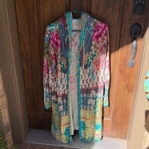 Johnny Was Colorful Patterned Knit Hooded Cardigan